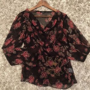 Flowery sheer long sleeve tunic, pink/brown, waterfall/VNeck, Zero, Eur42/US12
